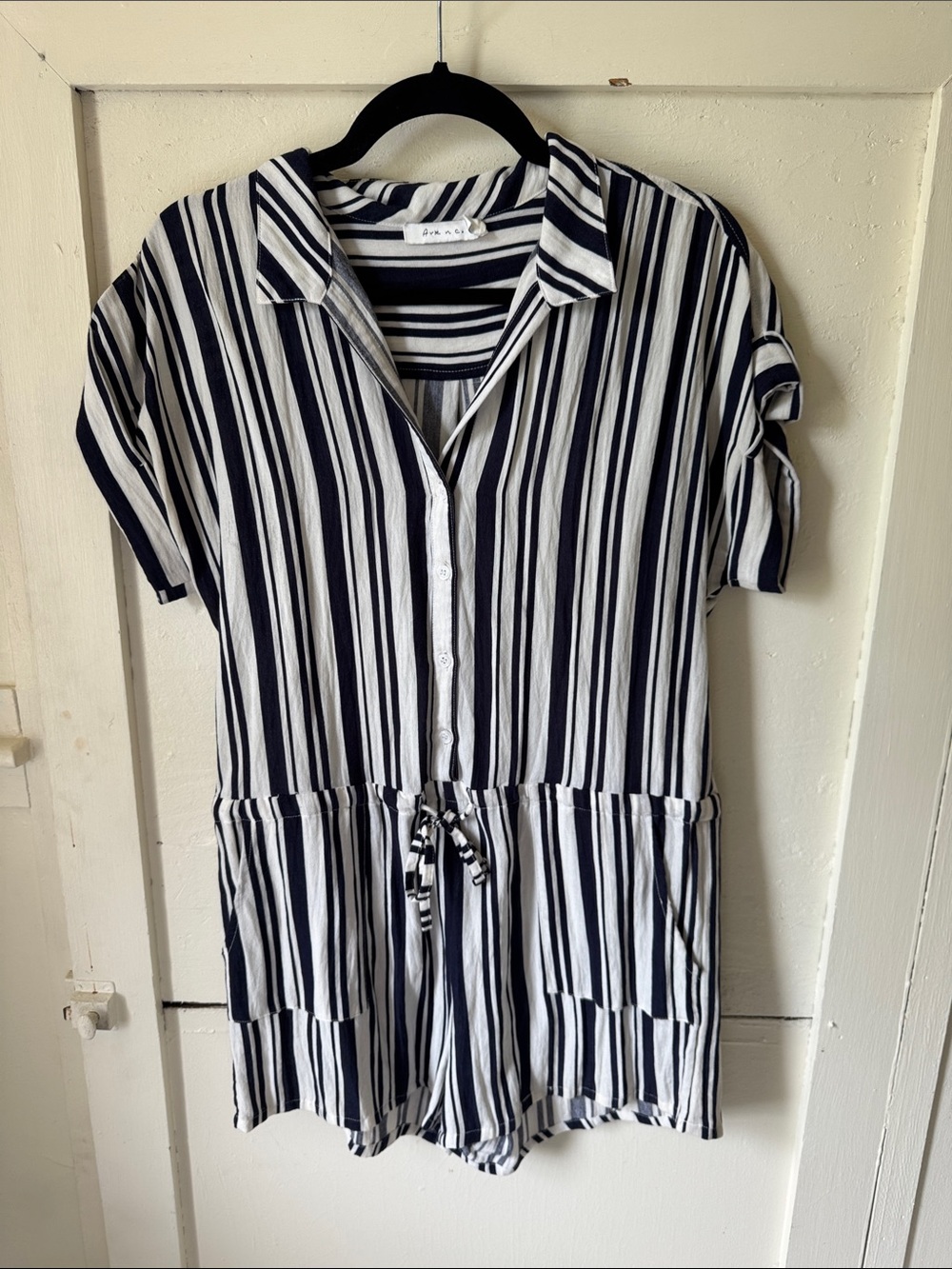 Ark & Co Navy and White Striped Button Romper